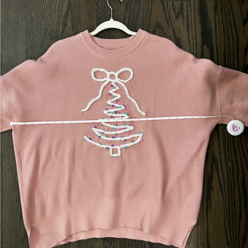 Hand Drawn and Embroidered Pink Holiday Bow Tree Sweater XL - Picture 5 of 10